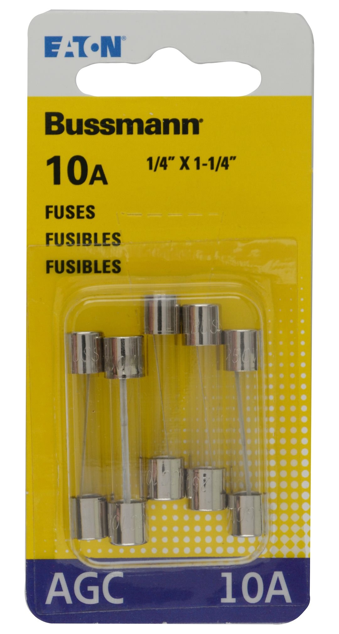 Bussmann Fuse, Glass Tube, Agc, 10 Amp, 1/4 Inch X 1-1/4 Inch, Pack of 5, With English/ Spanish/ French Language Blister Packaging – BP/AGC-10-RP