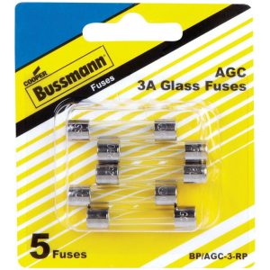 Bussmann Fuse, Glass Tube, Agc, 3 Amp, 1/4 Inch X 1-1/4 Inch, Pack of 5, With English/ Spanish/ French Language Blister Packaging – BP/AGC-3-RP