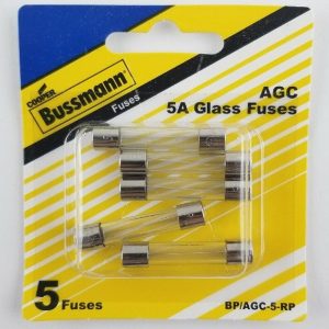 Bussmann Fuse, Glass Tube, Agc, 5 Amp, 1/4 Inch X 1-1/4 Inch, Pack of 5, With English/ Spanish/ French Language Blister Packaging – BP/AGC-5-RP