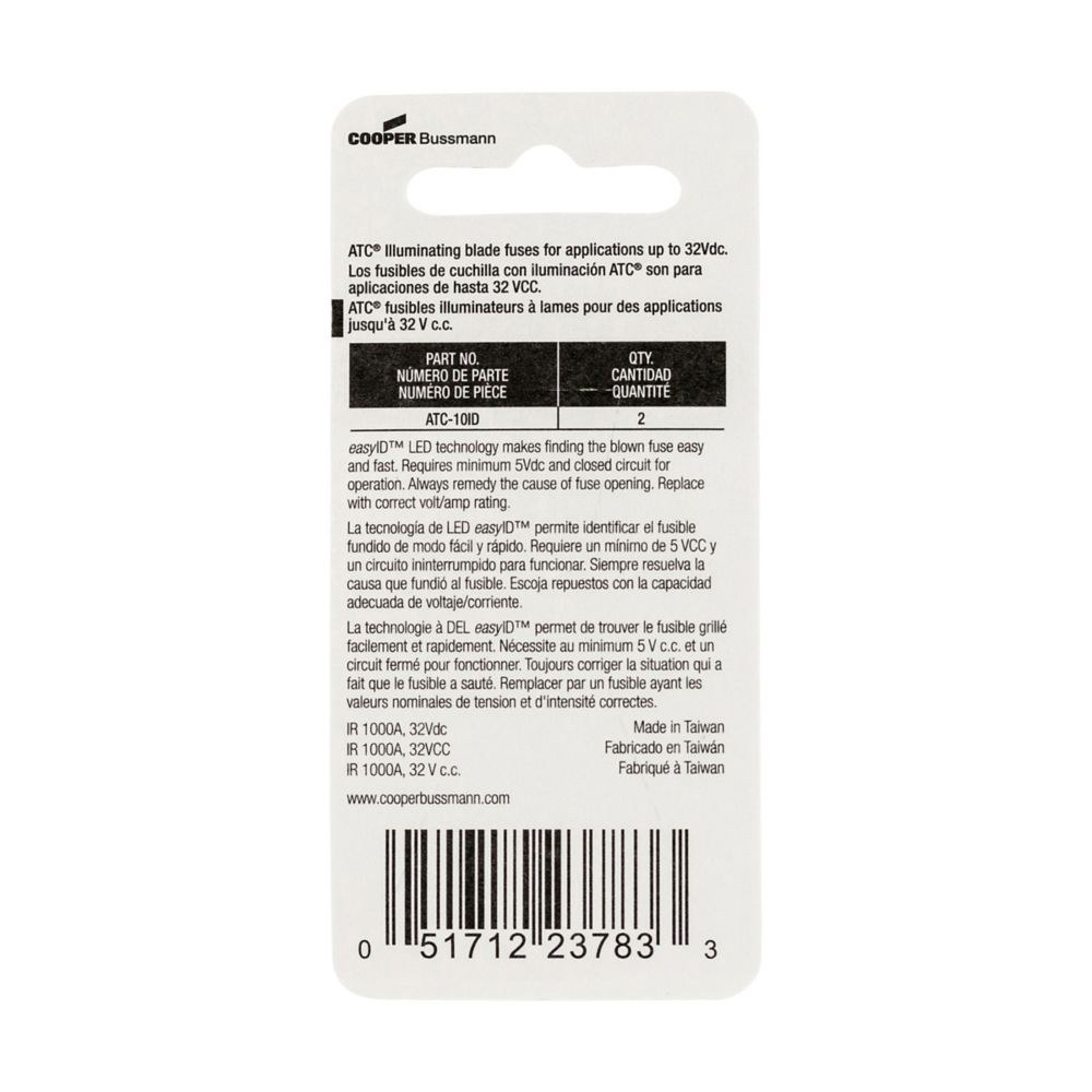 Bussmann Fuse, Easyid, Red Blade, Atc, 10 Amp, Pack of 2, With Blister Packaging – BP/ATC-10ID