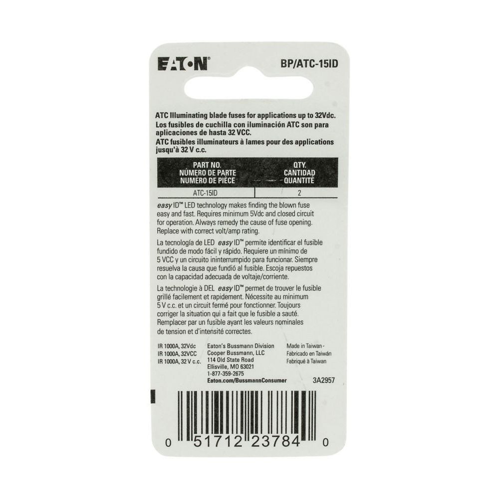 Bussmann Fuse, Easyid, Blue Blade, Atc, 15 Amp, Pack of 2, With Blister Packaging – BP/ATC-15ID