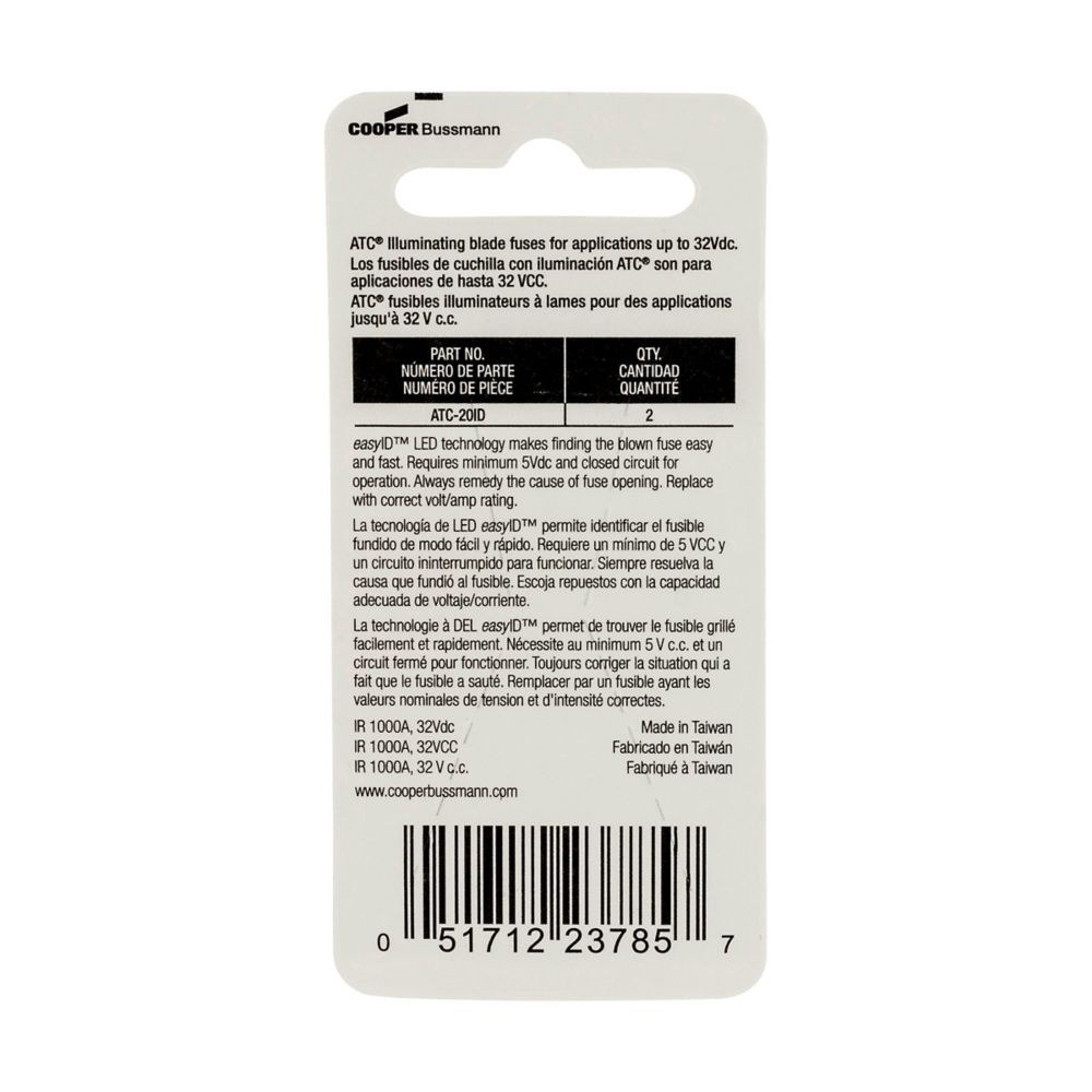 Bussmann Fuse, Easyid, Yellow Blade, Atc, 20 Amp, Pack of 2, With Blister Packaging – BP/ATC-20ID