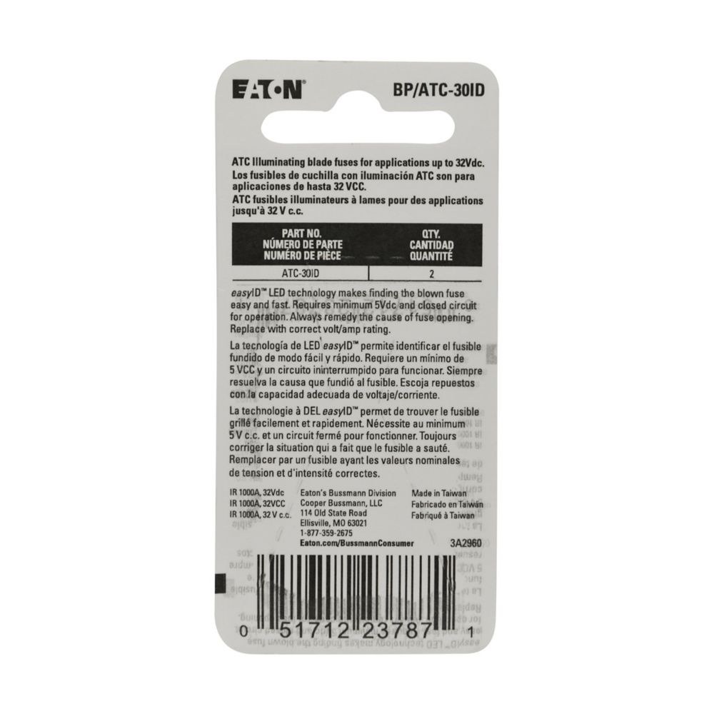 Bussmann Fuse, Easyid, Green Blade, Atc, 30 Amp, Pack of 2, With Blister Packaging – BP/ATC-30ID