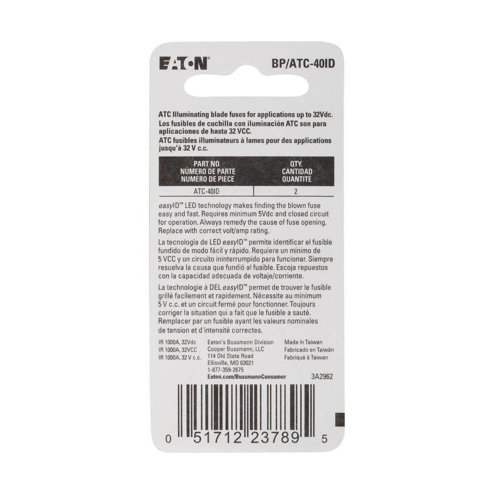 Bussmann Fuse, Easyid, Orange Blade, Atc, 40 Amp, Pack of 2, With Blister Packaging – BP/ATC-40ID
