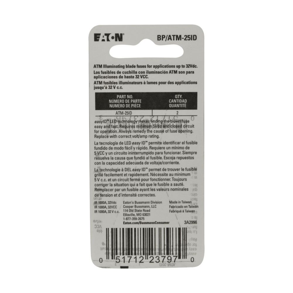 Bussmann Fuse, Easyid, Clear Blade, Atm, 25 Amp, Pack of 2, With Blister Packaging – BP/ATM-25ID