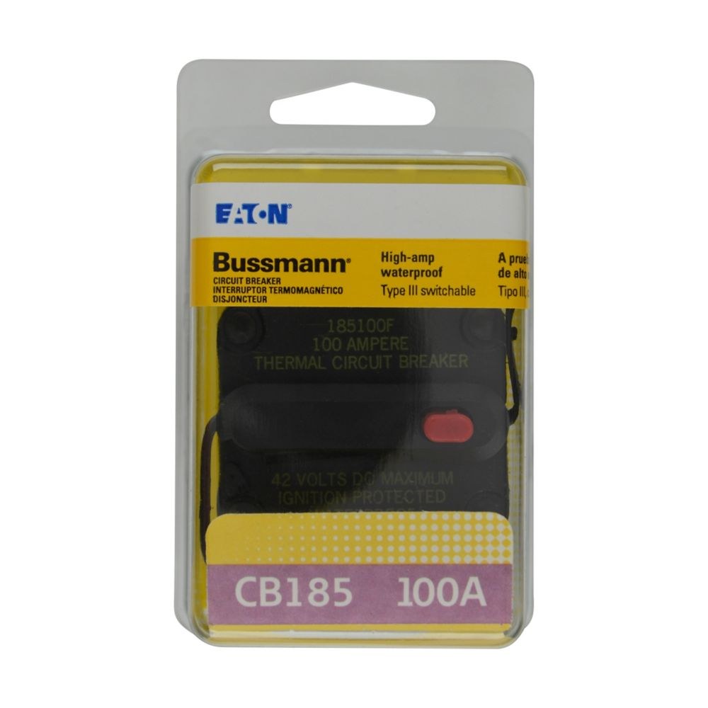 Bussmann Circuit Breaker, Type III, 100 Amp/ 42 Volt DC, Flush-Mount, Waterproof, 1/4-28 Inch Threaded Stud Terminals – BP/CB185-100
