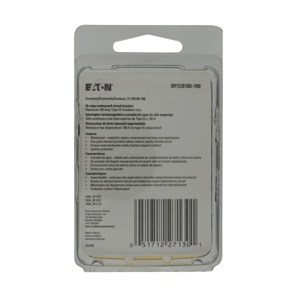 Bussmann Circuit Breaker, Type III, 100 Amp/ 42 Volt DC, Flush-Mount, Waterproof, 1/4-28 Inch Threaded Stud Terminals – BP/CB185-100