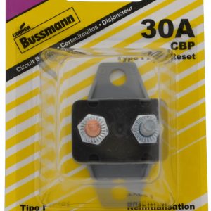Bussmann Circuit Breaker, Type I, 30 Amp/ 14 Volt DC, 10 to 32 Stud Terminals, Automatic Reset, With Crosswise Bracket – BP/CBP-30BA-RP