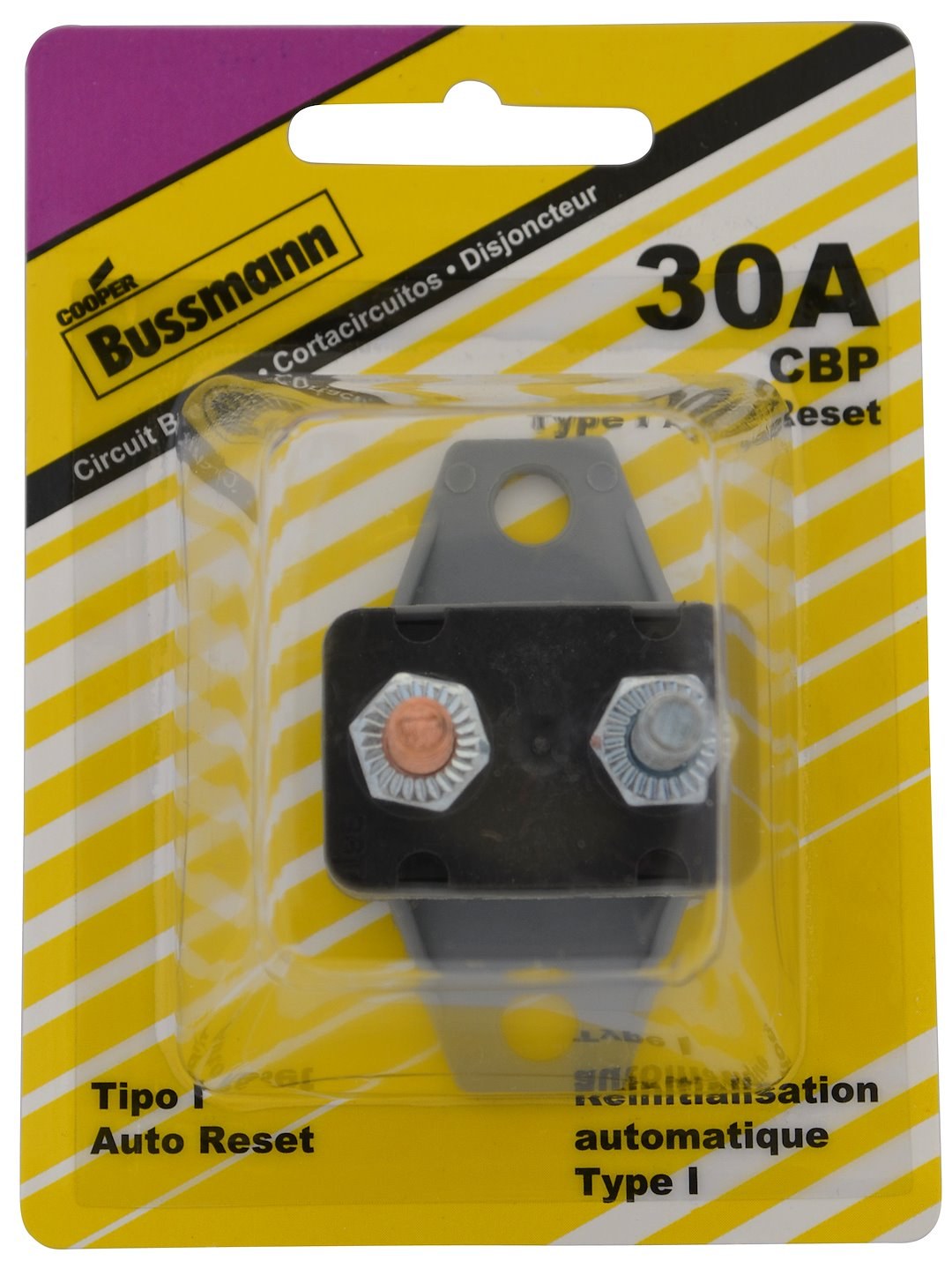 Bussmann Circuit Breaker, Type I, 30 Amp/ 14 Volt DC, 10 to 32 Stud Terminals, Automatic Reset, With Crosswise Bracket – BP/CBP-30BA-RP