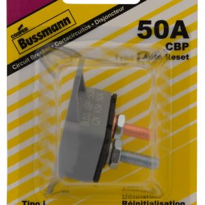 Bussmann Circuit Breaker, Type I, 50 Amp/ 14 Volt DC, 10 to 32 Stud Terminals, Automatic Reset, With Crosswise Bracket – BP/CBP-50BA-RP