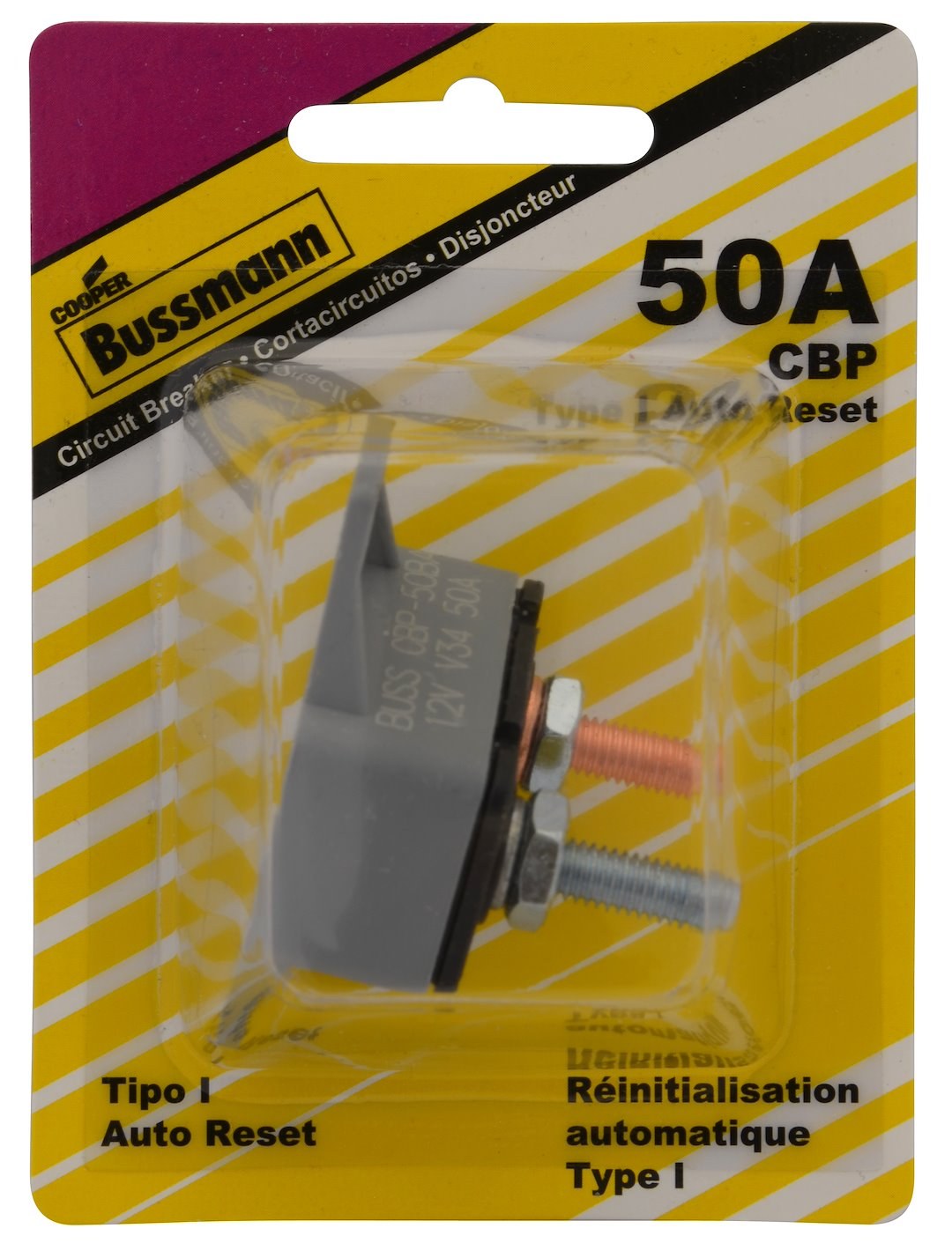 Bussmann Circuit Breaker, Type I, 50 Amp/ 14 Volt DC, 10 to 32 Stud Terminals, Automatic Reset, With Crosswise Bracket – BP/CBP-50BA-RP