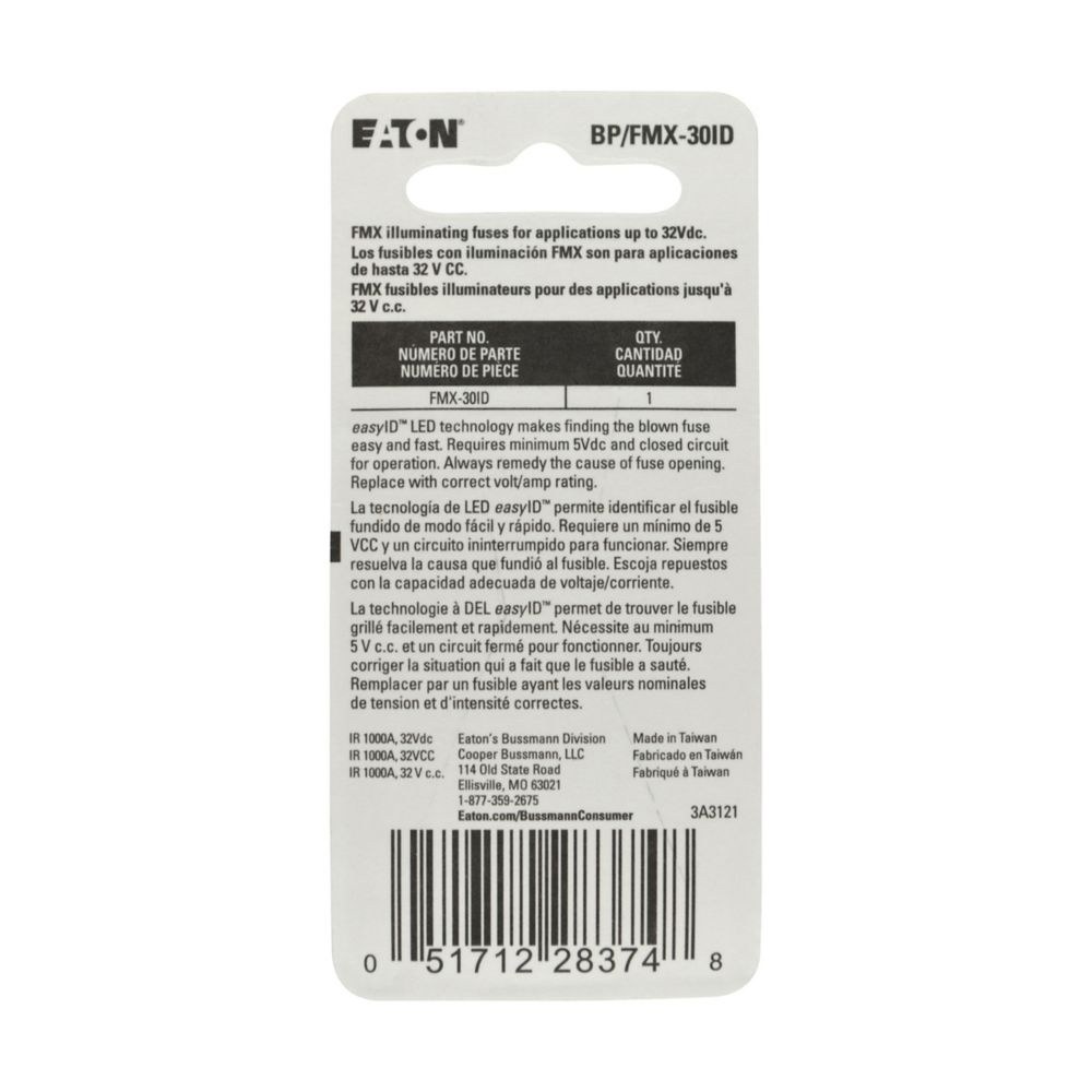 Bussmann Fuse, Easyid, Female Type, Fmx, 30 Amp, Single, With Blister Packaging – BP/FMX-30ID