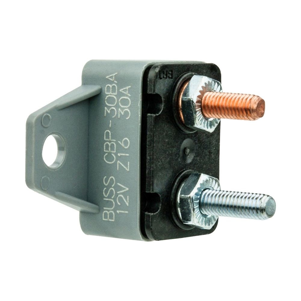 Bussmann Circuit Breaker, Type I, 30 Amp/ 14 Volt DC, 10 to 32 Stud Terminals, Automatic Reset, With Crosswise Bracket – CBP-30BA