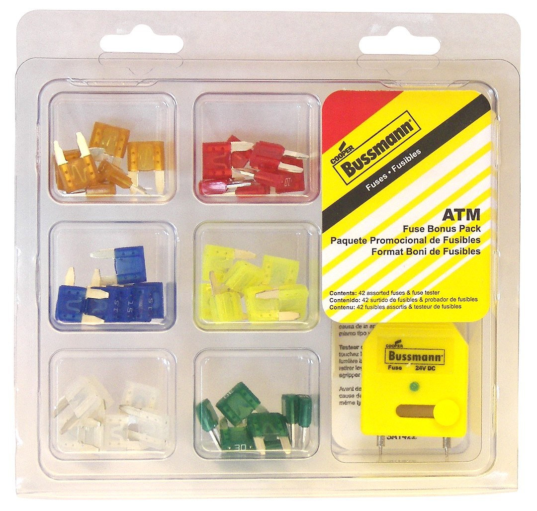 Bussmann Fuse Assortment, Atm Blade Fuse, With Seven Each of 5 Amp/ 10 Amp/ 15 Amp/ 20 Amp/ 25 Amp/ 30 Amp and FT-3 Fuse Tester/ Puller – NO.43