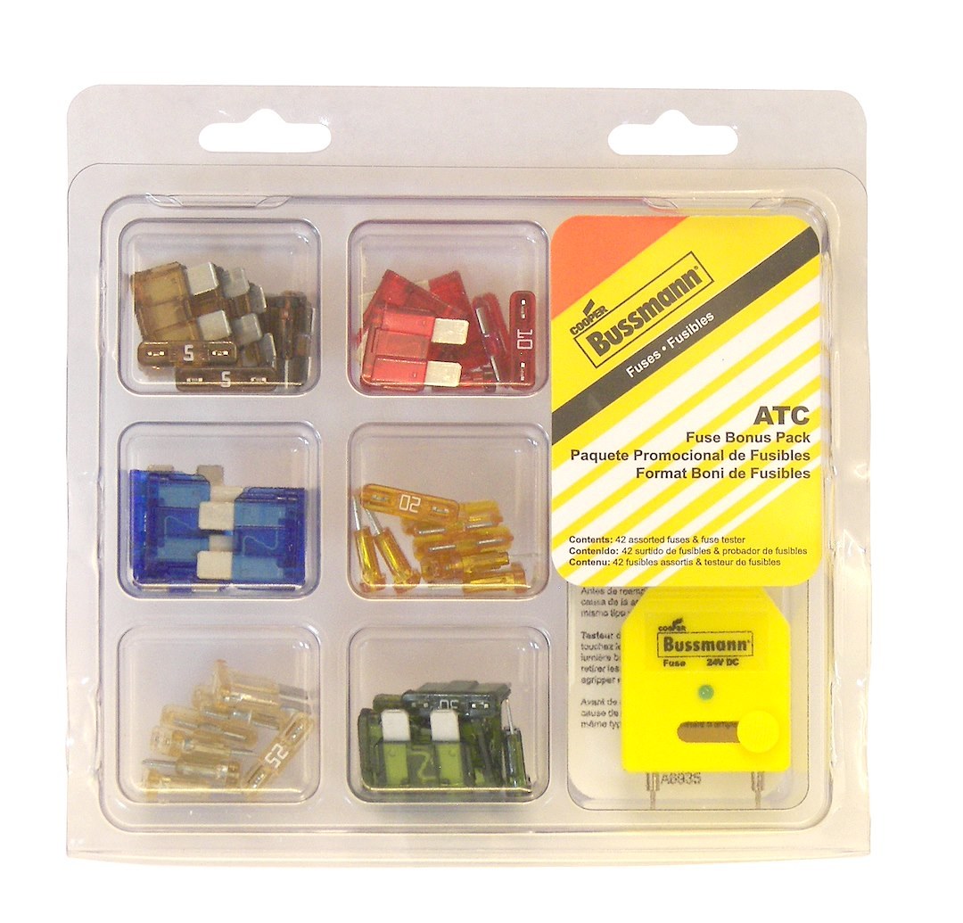 Bussmann Fuse Assortment, Atc Blade Fuse, With Seven Each of 5 Amp/ 10 Amp/ 15 Amp/ 20 Amp/ 25 Amp/ 30 Amp and FT-3 Fuse Tester/ Puller – NO.44
