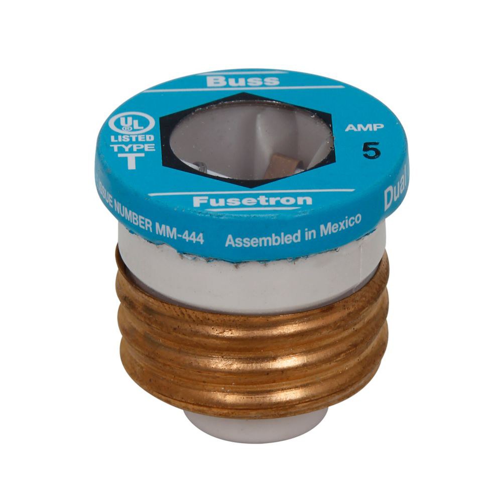 Bussmann Fuse, Eaton, Plug Fuse, Type T, 5 Ampere, 125 Volt, Time Delay, 1.16 Inch Length X 0.72 Inch Width X 1.88 Inch Height, Threaded Mount – T-5