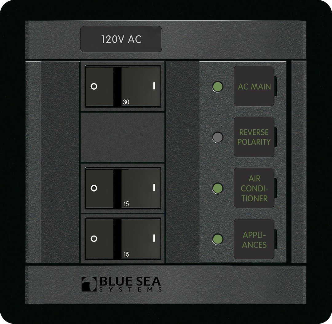 Blue Sea Systems Power Distribution Box, AC Main Circuit Breaker Panel, 120 Volts AC, 30 Amps, 360 Panel System, Main and 2 Positions – 1214-BSS