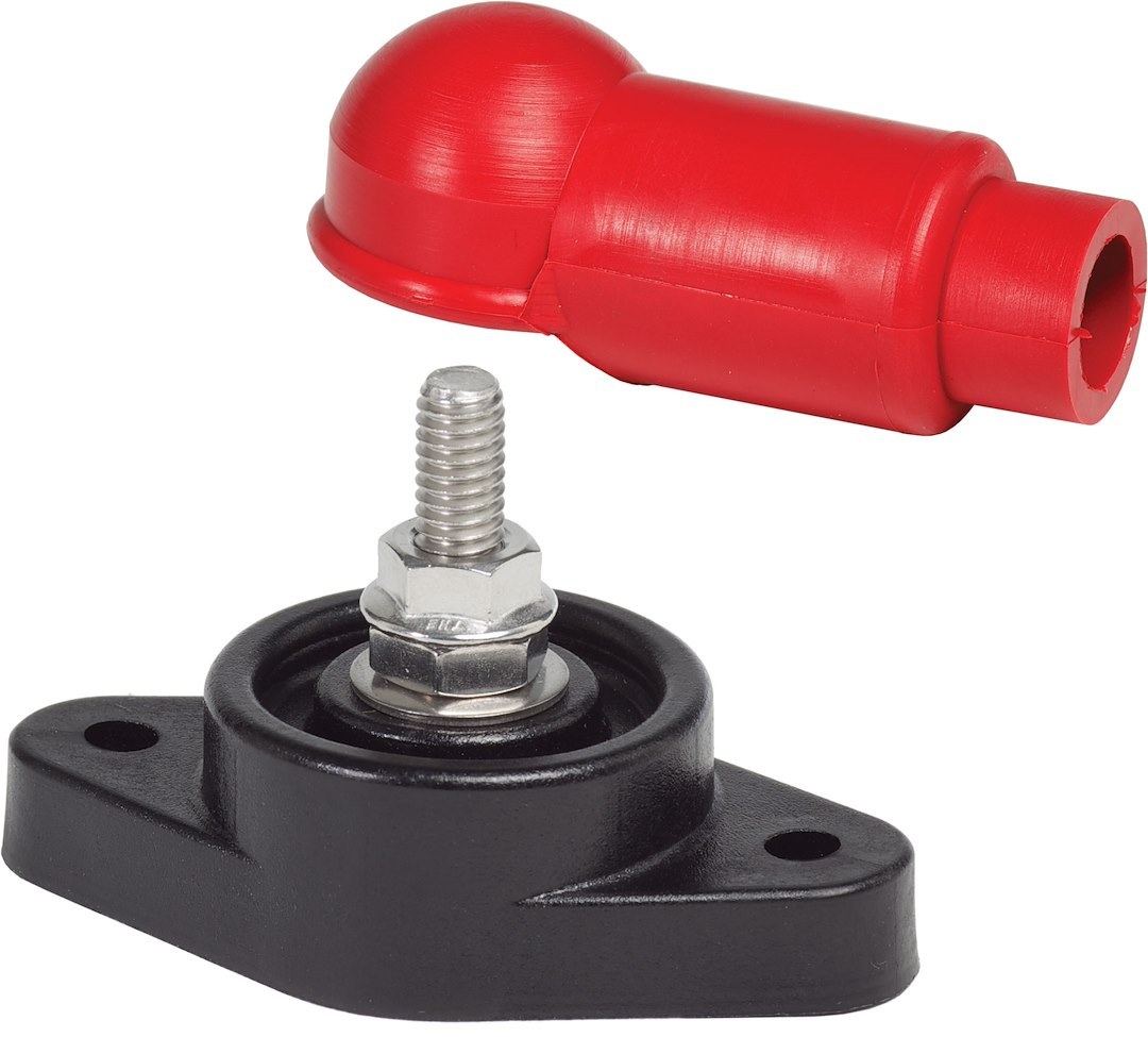 Blue Sea Systems Busbar Stud, 5/16 Inch-18 Thread Size, 7/8 Inch Length, 48 Volts, Stainless Steel, With Red Cover – 2002-BSS