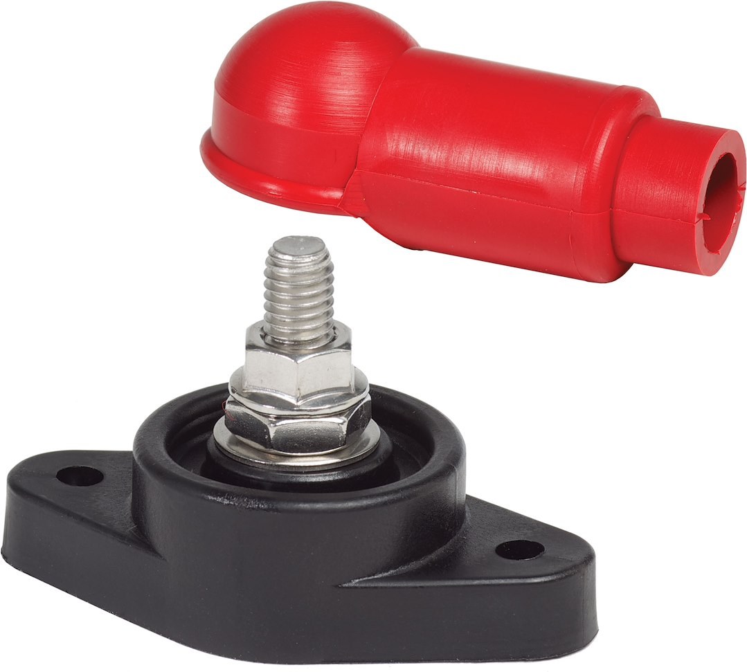 Blue Sea Systems Busbar Stud, 3/8 Inch-16 Thread Size, 7/8 Inch Length, 48 Volts, Stainless Steel, With Red Cover – 2003-BSS