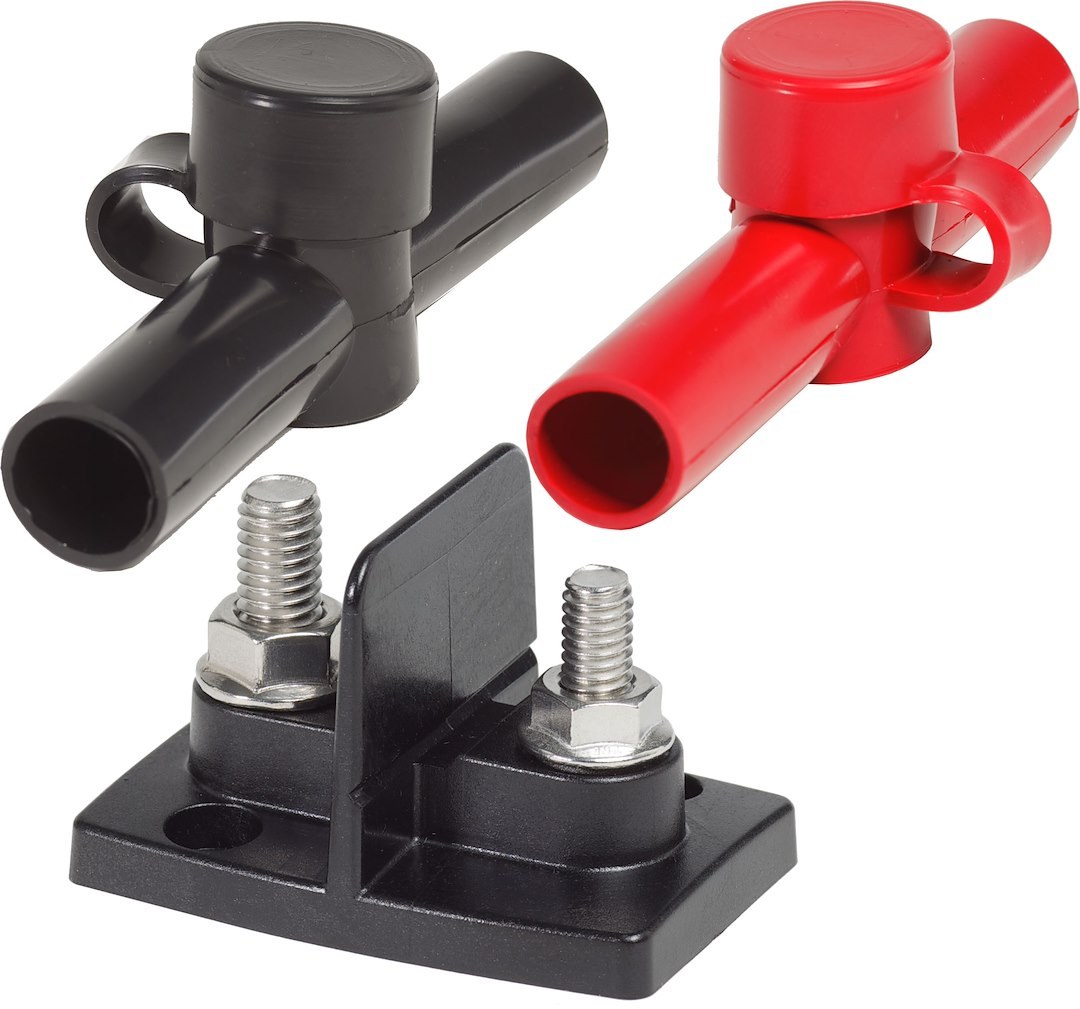 Blue Sea Systems Busbar Stud, Powerpost, 5/16 Inch-18/ 3/8Inch-16 Thread Size, Dual Busbar, 48 Volts, With Black and Red Insulator Cover – 2018-BSS