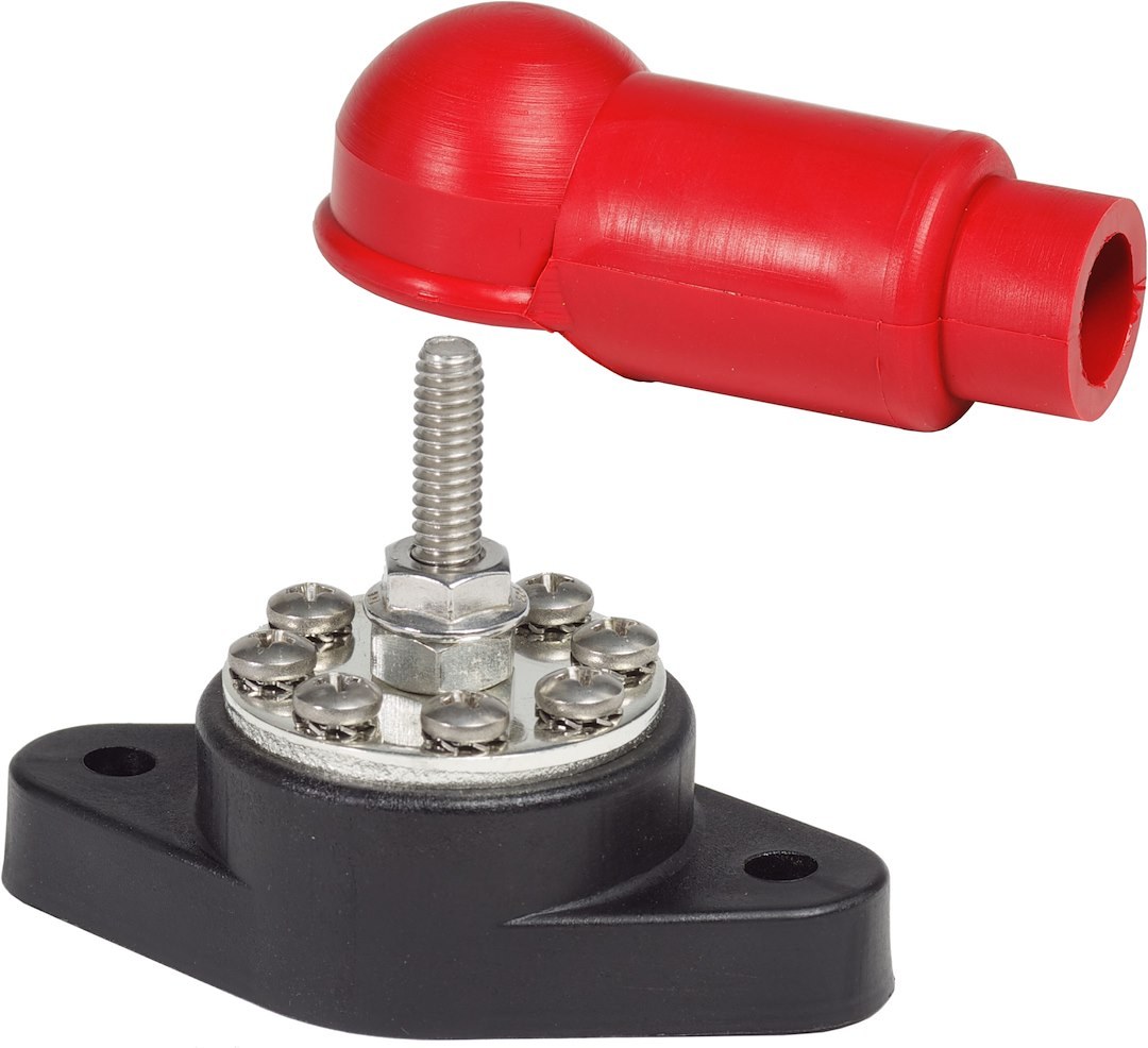 Blue Sea Systems Busbar Stud, Powerpost Plus, 1/4 Inch-20 Thread Size X 1 Inch Length Stud, Eight No 8-32 Screw, 48 Volts, 150 Amps – 2101-BSS