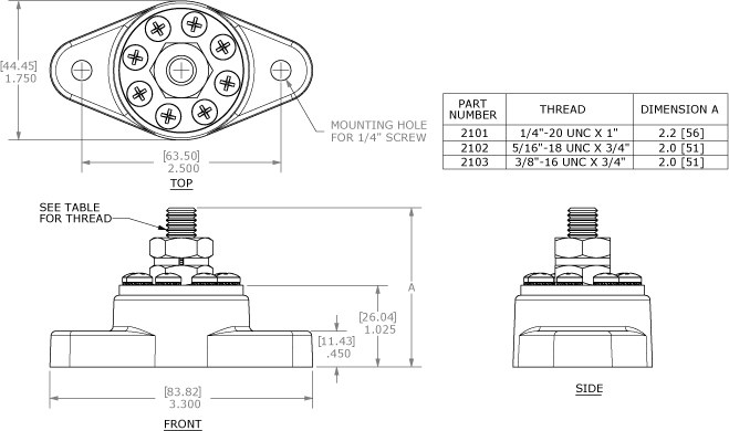 Blue Sea Systems Busbar Stud, Powerpost Plus, 5/16 Inch-18 Thread Size X 3/4 Inch Length Stud, Eight No 8-32 Screw, 48 Volts, 150 Amps – 2102-BSS