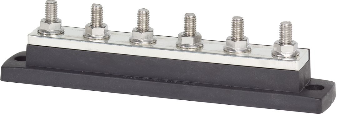 Blue Sea Systems Busbar, Maxibus, 6 Stud Terminal, 300 Volts AC/ 48 Volts DC, 250 Amps, Plastic Base with Tin-Plated Copper Bus – 2126-BSS