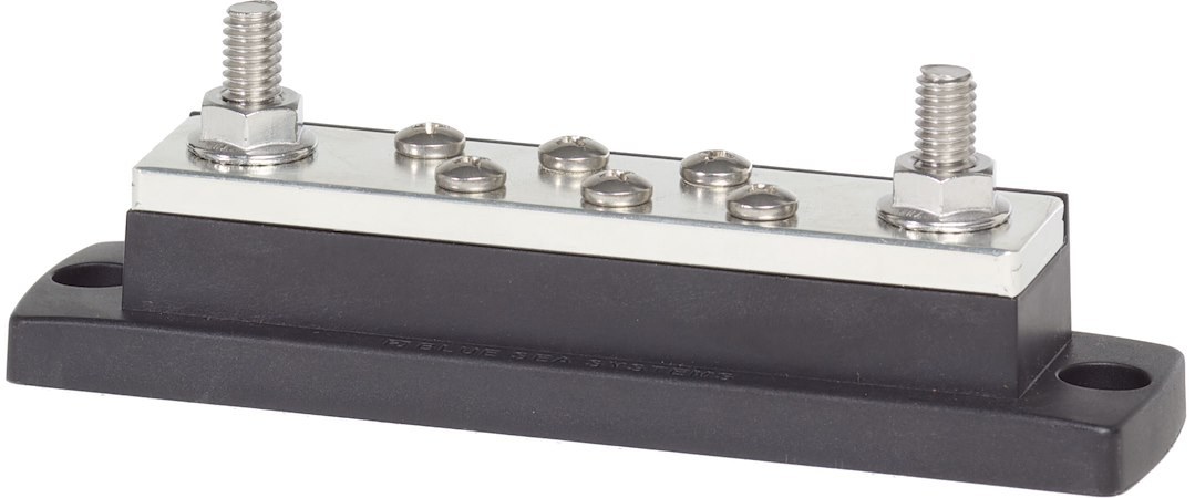 Blue Sea Systems Busbar, Maxibus, 2 Stud Terminal/ 6 Screw Terminal, 300 Volts AC/ 48 Volts DC, 250 Amps – 2128-BSS