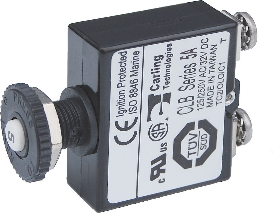 Blue Sea Systems Circuit Breaker, 5 Amps/ 32 Volts DC, Thermal Type, No 8 Screw Terminal, Push Button Manual Reset, Single – 2130-BSS
