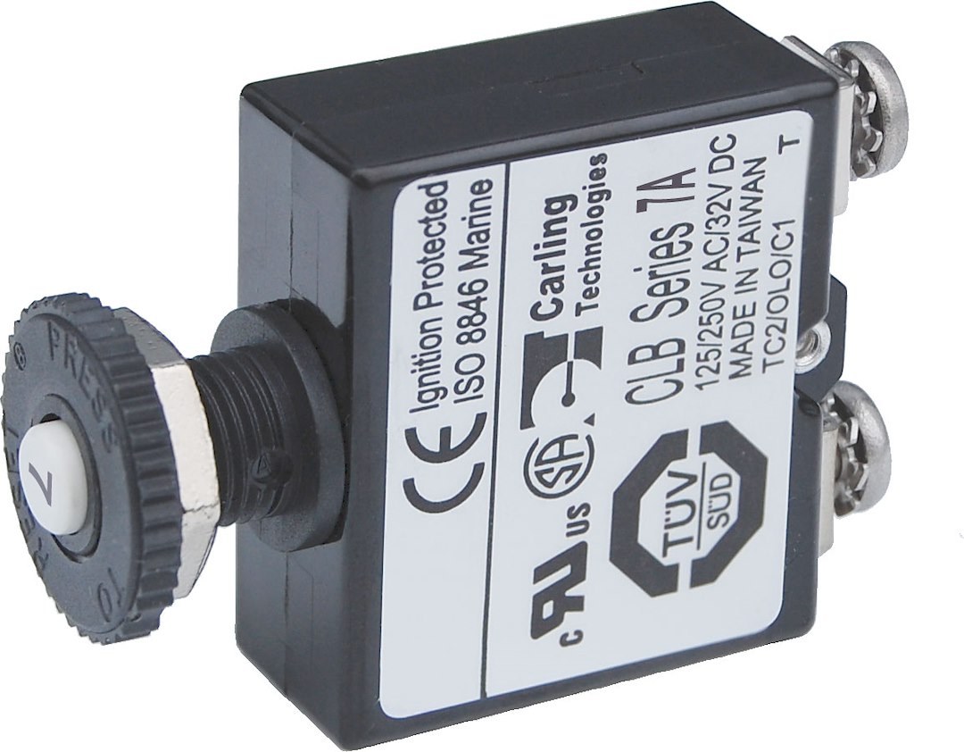 Blue Sea Systems Circuit Breaker, 7 Amp/ 32 Volts DC, Thermal Type, No 8 Screw Terminal, Push Button Manual Reset, Single – 2131-BSS