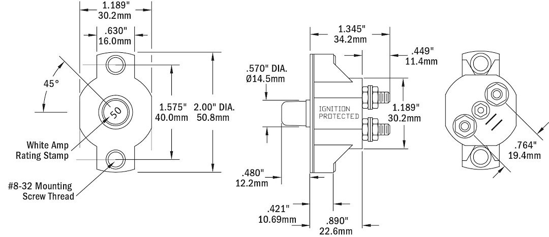 Blue Sea Systems Circuit Breaker, 40 Amps/ 32 Volts DC/ 120 Volts AC, Thermal Type, No 10-32 Stud Terminal – 2141-BSS