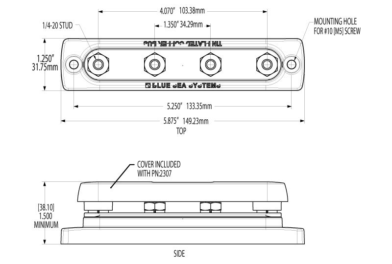 Blue Sea Systems Busbar, Common Busbar, 4 Stud Terminal, 300 Volts AC/ 48 Volts DC, 130 Amps AC/ 150 Amps DC – 2303-BSS