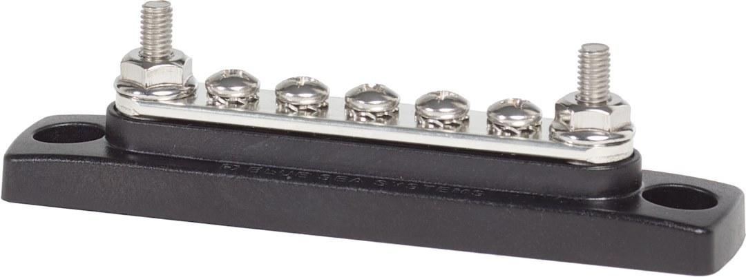 Blue Sea Systems Busbar, Common Mini Busbar, 5 Stud Terminal/ 2 Screw Terminal, 300 Volts AC/ 48 Volts DC, 100 Amps – 2304-BSS