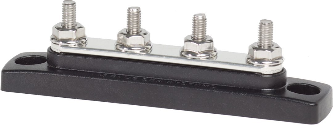 Blue Sea Systems Busbar, Common Mini Busbar, 4 Stud Terminal, 300 Volts AC/ 48 Volts DC, 100 Amps – 2305-BSS