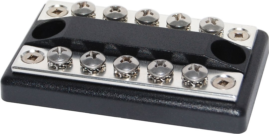 Blue Sea Systems Busbar, Dualbus, 10 Screw Terminal, 300 Volts AC/ 48 Volts DC, 100 Amps, ABS Base with Tin-Plated Copper Bus – 2701-BSS