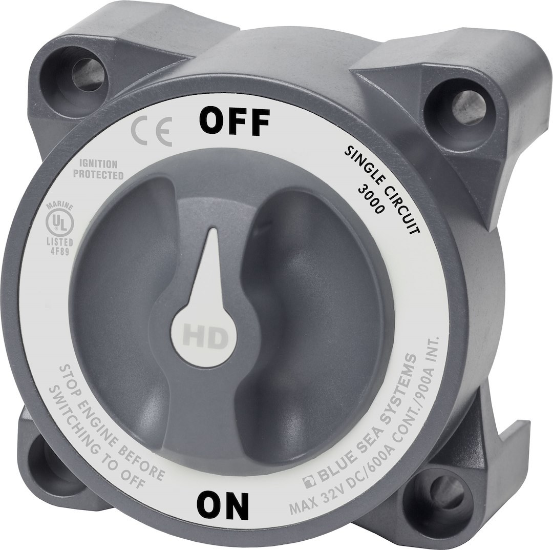 Blue Sea Systems Battery Disconnect Switch, 32 Volts DC, Single Circuit On-Off, 600 Amps, Gray, Ignition Protected – 3000-BSS