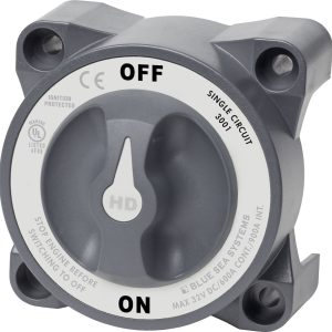 Blue Sea Systems Battery Disconnect Switch, HD Series, 32 Volts DC, Single Circuit On-Off, 600 Amps, Gray, With Alternator Field Disconnect – 3001-BSS