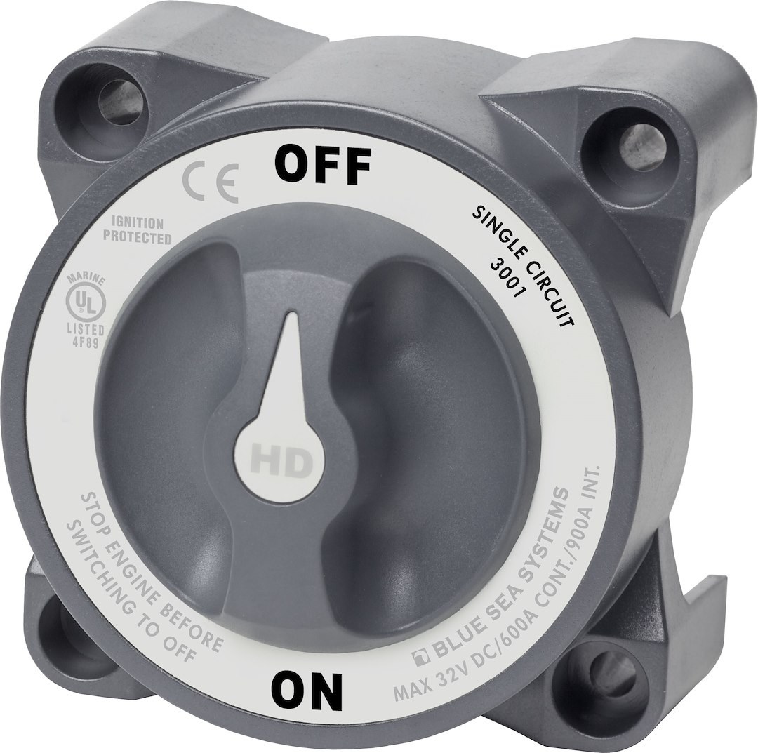 Blue Sea Systems Battery Disconnect Switch, HD Series, 32 Volts DC, Single Circuit On-Off, 600 Amps, Gray, With Alternator Field Disconnect – 3001-BSS