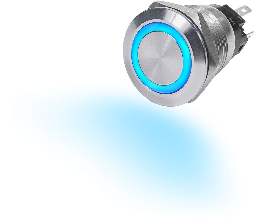 Blue Sea Systems Push Button Switch, On/Off Switch, 10 Amps, Panel Mount, LED Blue Ring, Stainless Steel, Silver Button – 4160-BSS