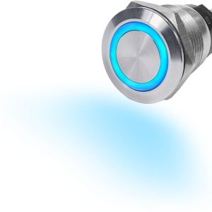 Blue Sea Systems Push Button Switch, Momentary on/ Off Switch, 10 Amps, Panel Mount, LED Blue Ring, Stainless Steel, Silver Button – 4161-BSS