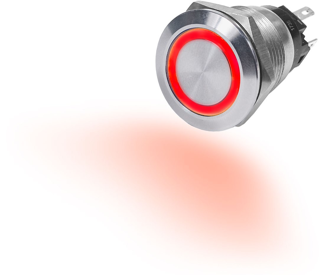 Blue Sea Systems Push Button Switch, On/Off Switch, 10 Amps, Panel Mount, LED Red Ring, Stainless Steel, Silver Button – 4162-BSS
