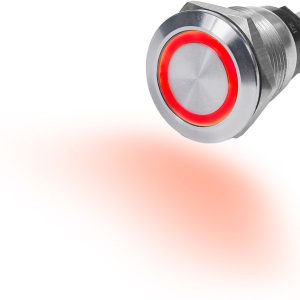 Blue Sea Systems Push Button Switch, Momentary on/ Off Switch, 10 Amps, Panel Mount, LED Red Ring, Stainless Steel, Silver Button – 4163-BSS