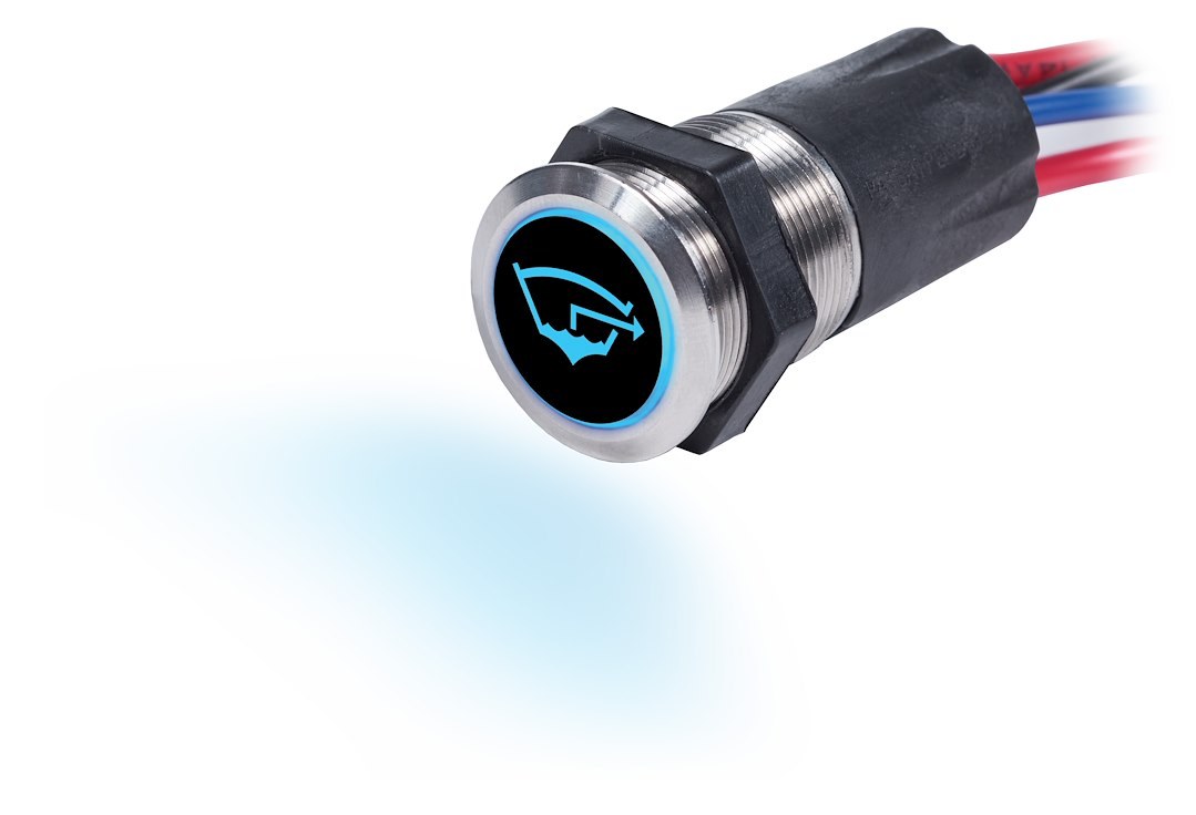 Blue Sea Systems Push Button Switch, On/Off Switch, 15 Amps, Panel Mount, Backlite Blue When Off and Red When on, Stainless Steel – 4180-BSS