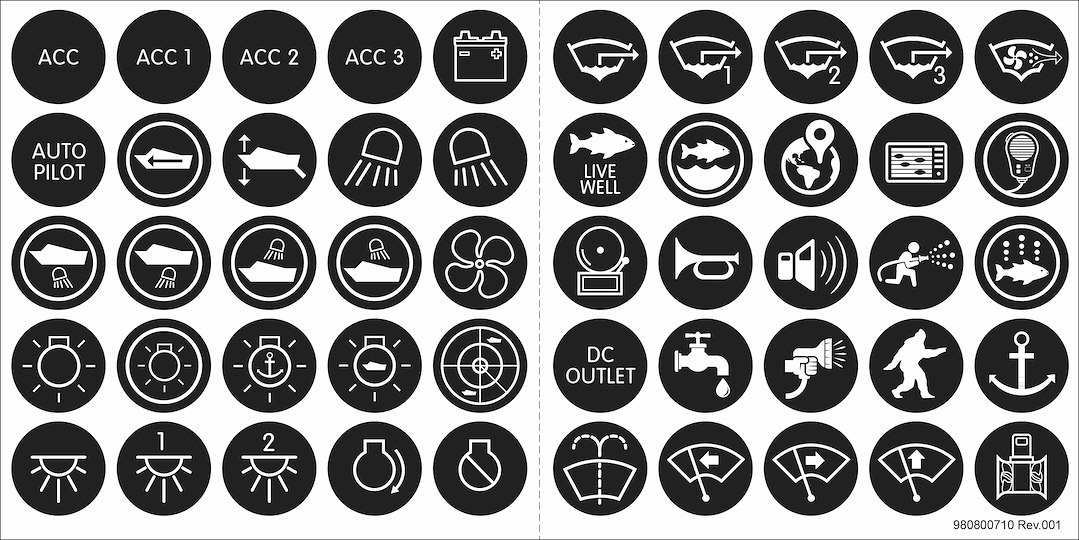 Blue Sea Systems Multi Purpose Label, For Push Button Switch, Waterproof Adhesive, Back Printed, Polycarbonate, Set of 50 – 4230-BSS