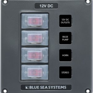 Blue Sea Systems Switch Panel, With 4 Rocker Switches, 4 Positions, 12 Volt DC, 45 Amps, Gray, With 4 Circuit Breaker/ 15 Label Set – 4320-BSS