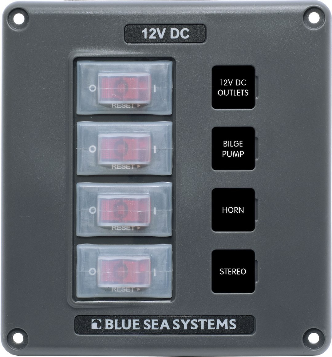 Blue Sea Systems Switch Panel, With 4 Rocker Switches, 4 Positions, 12 Volt DC, 45 Amps, Gray, With 4 Circuit Breaker/ 15 Label Set – 4320-BSS