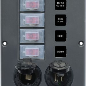 Blue Sea Systems Switch Panel, With 4 Rocker Switches, 4 Positions, 12 Volt DC, 45 Amps, Gray – 4321-BSS