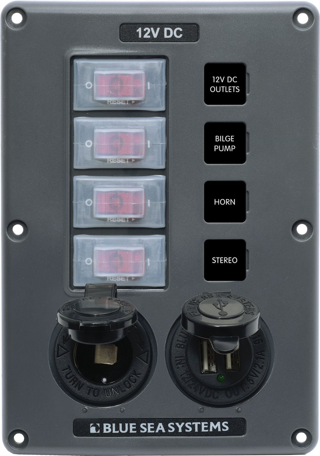 Blue Sea Systems Switch Panel, With 4 Rocker Switches, 4 Positions, 12 Volt DC, 45 Amps, Gray – 4321-BSS