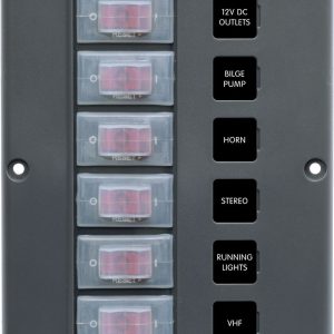 Blue Sea Systems Switch Panel, With 6 Rocker Switches, 6 Positions, 12 Volt DC, 45 Amps, Gray, With 6 Circuit Breaker/ 15 Label Set – 4322-BSS
