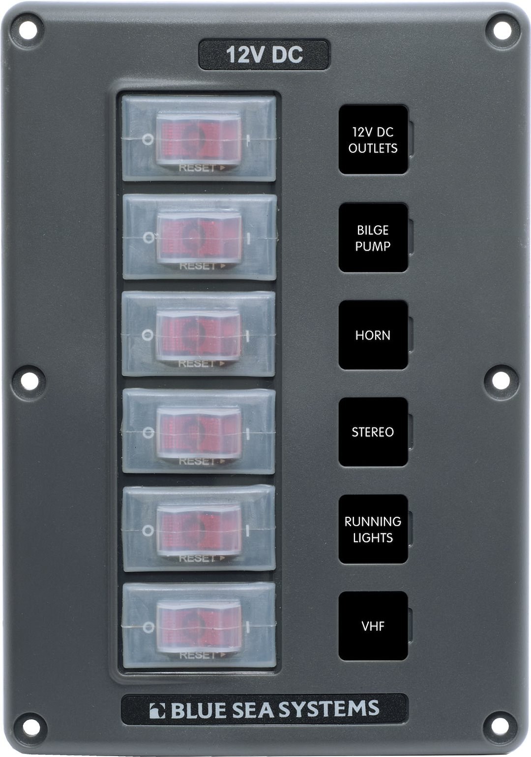Blue Sea Systems Switch Panel, With 6 Rocker Switches, 6 Positions, 12 Volt DC, 45 Amps, Gray, With 6 Circuit Breaker/ 15 Label Set – 4322-BSS